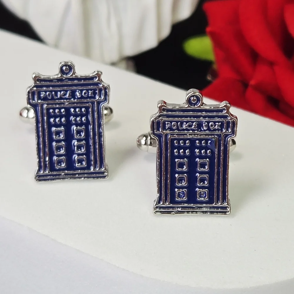 Blue Police Box Cufflinks Time Travel Sci Fi British TV Fan Geek Groom Dr Who
